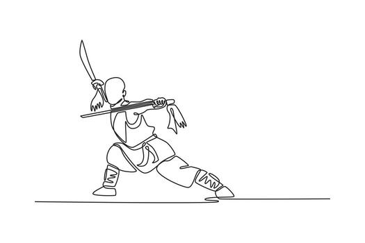 Continuous one line drawing male Shaolin Kung Fu master swinging sword with both hands, capturing fluidity and control disciplined weapon routine. Single line draw design graphic illustration vector