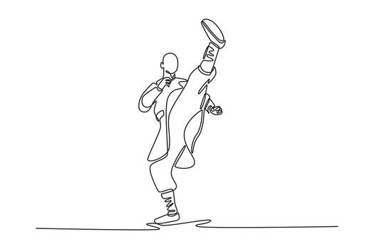soltero uno línea dibujo hombre realizar Perfecto vertical alto patada, inmenso fuerza, precisión, flexibilidad, disciplinado Shaolin kung fu facultativo. continuo línea dibujar diseño gráfico ilustración vector