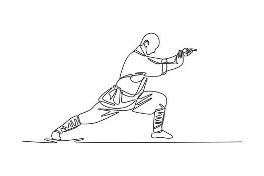 soltero uno línea dibujo masculino atleta en poderoso estable postura, manos en defensivo posición. disciplina, enfocar, fluido movimiento de Shaolin rutina. continuo línea dibujar diseño gráfico ilustración vector
