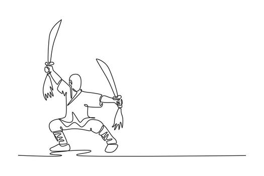 Continuous one line drawing attractive man in powerful horse stance, wielding two broadswords, dynamic combat of traditional Shaolin Kung Fu weapon. Single line draw design graphic illustration vector
