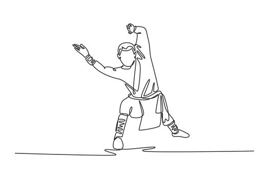 continuo uno línea dibujo masculino atleta en bajo postura con uno mano abierto y otro en puño, poderoso Shaolin kung fu actitud ambos ofensa y defensa. soltero línea dibujar diseño gráfico ilustración vector