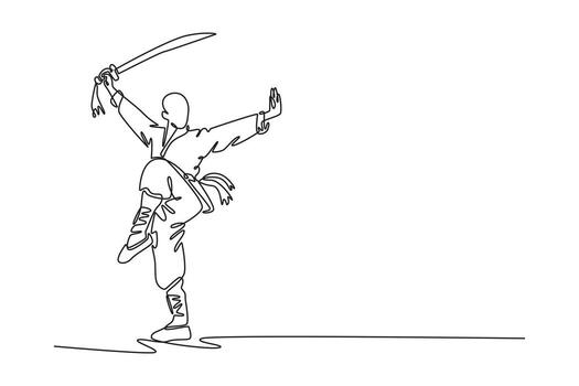 Continuous one line drawing man in one-legged stance, balancing gracefully while holding sword overhead, movement, skill of Shaolin Kung Fu master. Single line draw design graphic illustration vector
