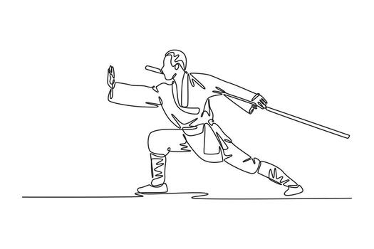 soltero continuo línea dibujo masculino Shaolin en un bajo, poderoso postura, empuñando personal en defensivo pose, capturar disciplinado utilizar de arma. dinámica uno línea dibujar gráfico diseño ilustración vector