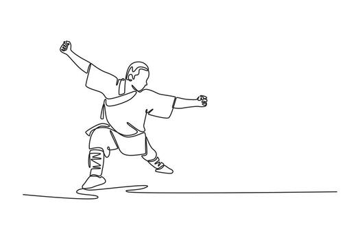 continuo uno línea dibujo masculino Shaolin kung fu Maestro en un poderoso postura, golpe medio con un elevado guardia, dinámica equilibrar de ofensa y defensa. soltero línea dibujar diseño gráfico ilustración vector