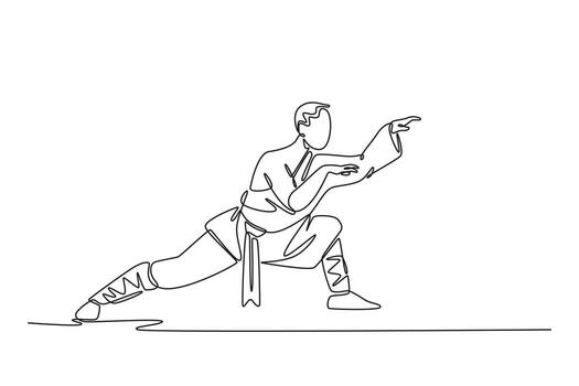 soltero uno línea dibujo hombre en dinámica luchando postura, manos listo y listo, capturar enfocado energía y fluido movimiento de Shaolin kung Fu. continuo línea dibujar diseño gráfico ilustración vector