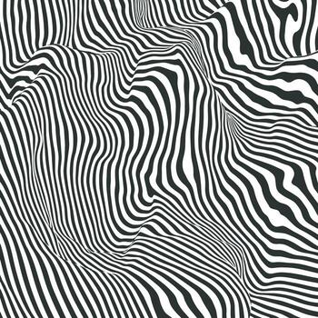 Psychedelic distorted lines backdrop. Abstract striped mountains pattern. Texture with wavy hills, curves stripes. Optical art background. Wave 3D design vector