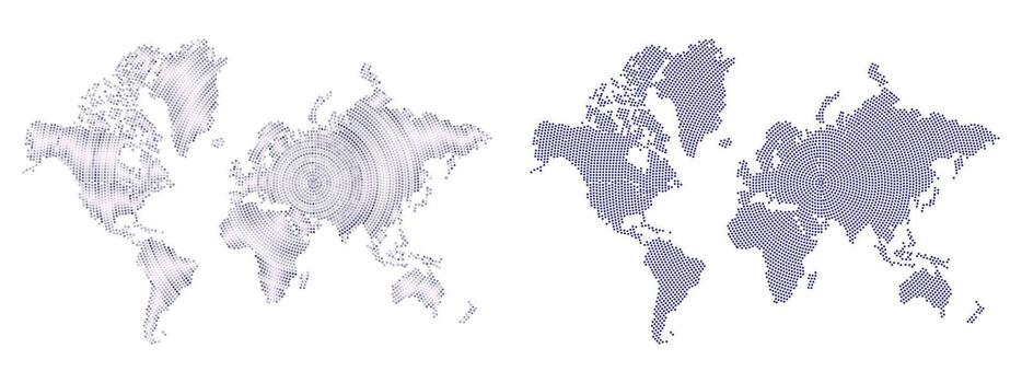 Trending Circle shape dotted world map in geometric style in different pattern. Continents with round dotted shape pattern. Dotted shape earth pattern showcasing all country of the world vector