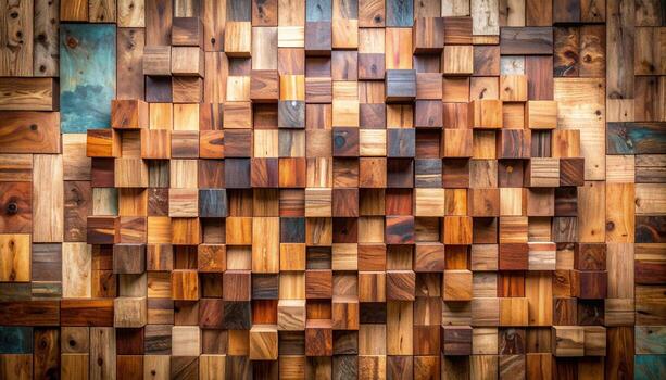 vibrante y texturizado pared hecho de varios de madera bloques, exhibiendo dinámica arreglo de colores y patrones ese evocar sentido de calor y artesanía foto