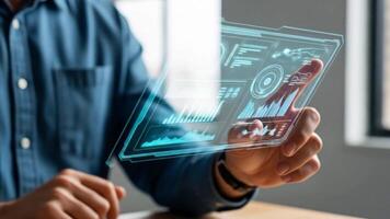 usando transparente exibição dispositivo com dados visuais para futurista interface video