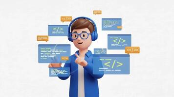 desenho animado programador trabalhando com código em digital monitores video