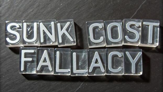Sunk cost fallacy represented by clear plastic letters on dark surface, illustrating concept of decision making and investment. emotional expression reflects contemplation and analysis photo