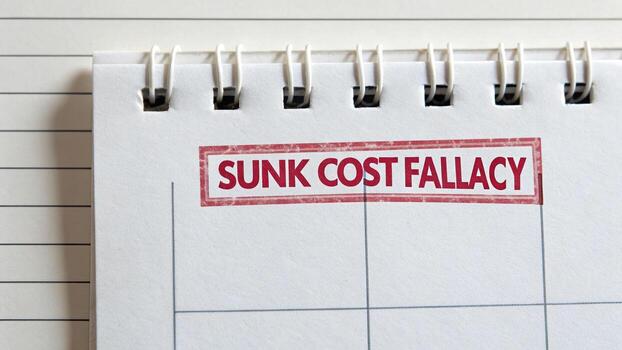 Torn calendar page features phrase Sunk Cost Fallacy prominently stamped in red. This symbolizes decision making challenges and emotional weight of past investments photo