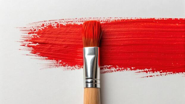 Brush dipped in vibrant red paint creates bold stroke on blank canvas, symbolizing strong emotions like anger and passion. contrast highlights artistic expression photo