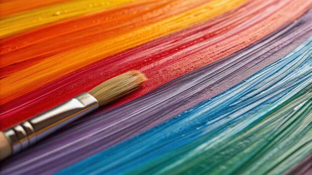 Vibrant close up of brush strokes on colorful canvas, showcasing spectrum of hues from red to blue, revealing emotional tension and artistic expression photo