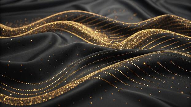 Flowing gold particles create elegant waves over soft black fabric, evoking sense of luxury and sophistication. shimmering details enhance visual appeal, making it perfect for various design photo
