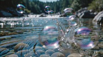 bubblor dans på en flod yta med stenar och en stänk av vatten, skapande en magisk och lugn naturlig scen video