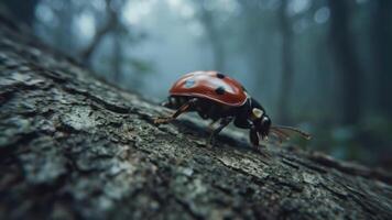 detaljerad makro skott av en nyckelpiga utforska en texturerad träd bark i en dimmig skog, highlighting dess delikat funktioner och de naturlig miljö video