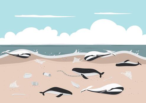 whale carcass stranded on beach with waste and plastic pollution around background vector