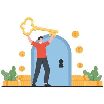 Man raises a large golden key in front of a vault door with coins, depicting security, access, and new financial opportunities. vector