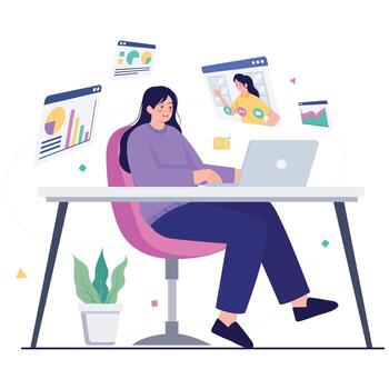 A woman works at a desk with a laptop while floating windows show charts and a conference screen, symbolizing teamwork and productivity. vector