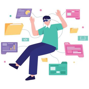 Man using a VR headset interacting with floating dashboards, folders, and code in a virtual environment. vector