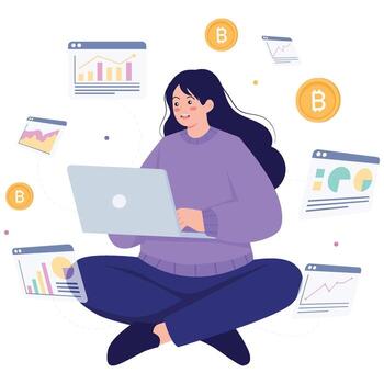 Analyst working on a laptop with cryptocurrency icons and performance charts around her. vector