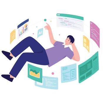 A developer floats among code snippets and analytics dashboards, depicting software creation, automation, and data-driven work. vector