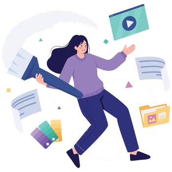 Woman with giant brush surrounded by files, , and color swatches, symbolizing digital design and content creation. vector