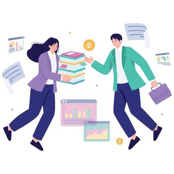 Two coworkers share stacked documents while analytics windows and crypto icons float around, illustrating digital collaboration and information transfer in a modern workspace. vector