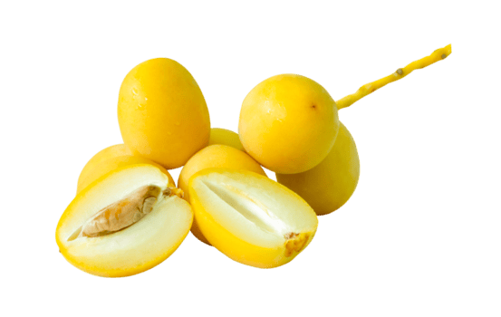 Fresh ripe yellow date palm fruits witth halves in stack in small bunch isolated with clipping path in file format Concept of iftar food in Ramadan for Muslims png