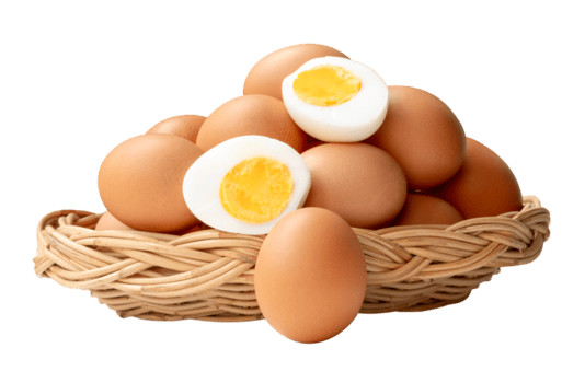 veel rauw bruin kip eieren met gekookt eieren en ei dooier in twee helften in stack in rieten mand geïsoleerd met knipsel pad in het dossier formaat png