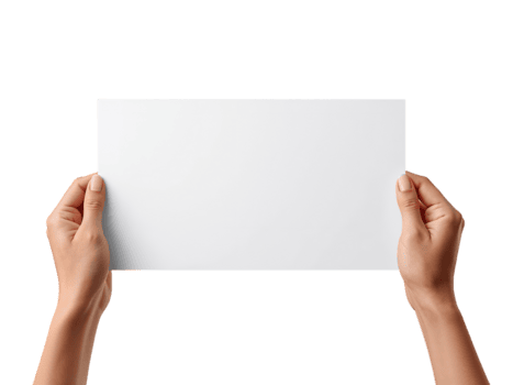 Hands presenting a rectangular blank paper sheet against an isolated transparent setting png