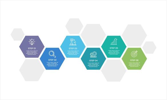 Six Step Business Process Infographic with Hexagon Design. Modern Hexagonal, Presentation, Report and Plan. vector