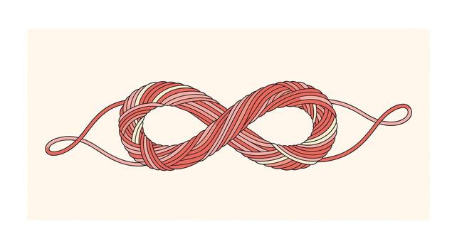 infinito símbolo hecho de hilo un visual representación de conexión, ilimitación, y arte con suave coral y crema tonos en un ligero antecedentes vector