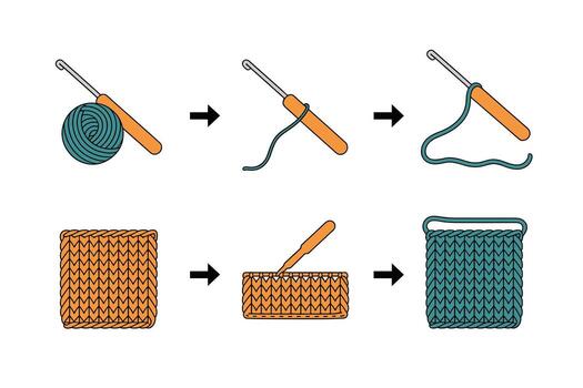 Crochet Steps Illustration Simple Guide to Basic Crochet Techniques with Hook, Yarn, and Stitch Formation for Beginners and Crafting Enthusiasts vector