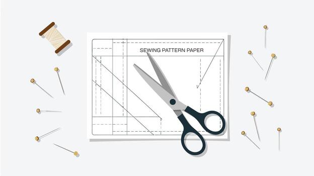 Sewing Notion Layout Featuring Pattern Paper, Scissors, Thread Spool, and Golden Pins on White Backdrop for Design and Crafting Projects vector