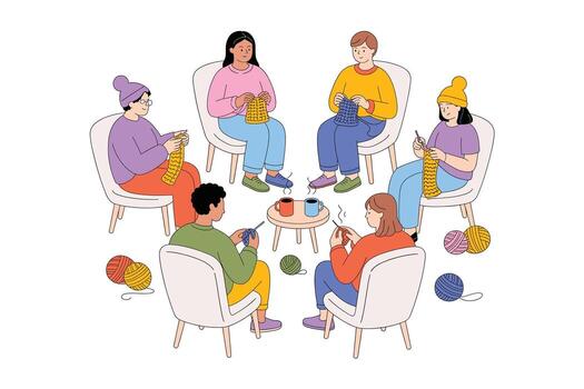 Knitting Circle Diverse Group Crafting Together, Sharing Ideas and Warmth with Yarns, Needles, Chairs, and Coffee in a Creative and Relaxing Environment vector