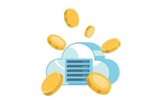 Cloud Computing Monetization Gold Coins Surrounding a Cloud Server, representing earning money through cloud services and server infrastructure solutions vector