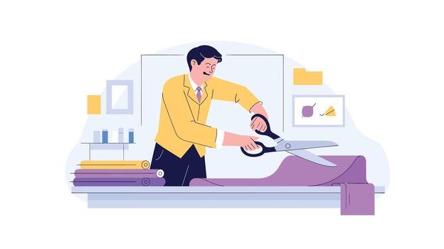 Man Tailor Cutting Fabric with Scissors Illustration for Tailoring, Fashion Design, and Sewing Concepts in Flat Design Style for Business and Creative Projects vector