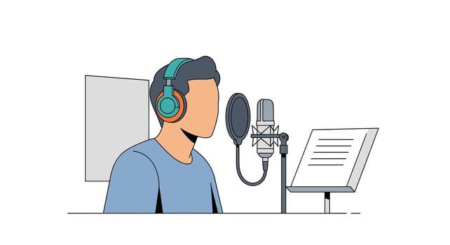 Podcast Recording Studio Setup Man with Headphones, Microphone, and Script for Audio Content Creation and VoiceOver, Illustration for Commercial Use vector