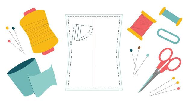 Sewing Essentials Pattern, Threads, Scissors, and Fabric for DIY Projects A Creative Hobby Illustration, Handcrafting Designs and Fashionable Needlework Concepts vector