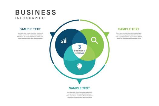 3 Circle Venn Business Infographic with Icons for Data, Analysis, and Innovation vector
