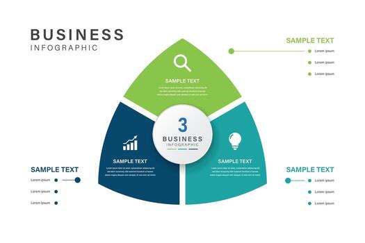 3 parte negocio infografía con circular y triangular diseño presentando íconos para análisis, datos, y innovación vector