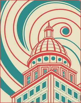 Red and teal dome building with swirling abstract background in cream architecture government building vector