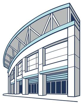 Modern stadium building facade with curved roof and geometric structure architecture vector