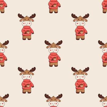 Seamless pattern with a moose in a warm sweater with a cup of tea or cocoa. A forest animal, a cute character for a children's print vector