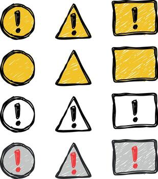 A set of warning signs with an exclamation mark and empty frames in a hand drawn style without background vector