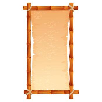 Bamboo frame with empty parchment with rope. Themed projects game ui border, menu. Old paper textured, bamboo border vector