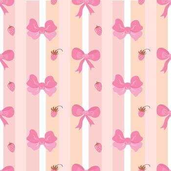 Coquette pattern. Strawberry and Bows Pattern on Striped Background vector