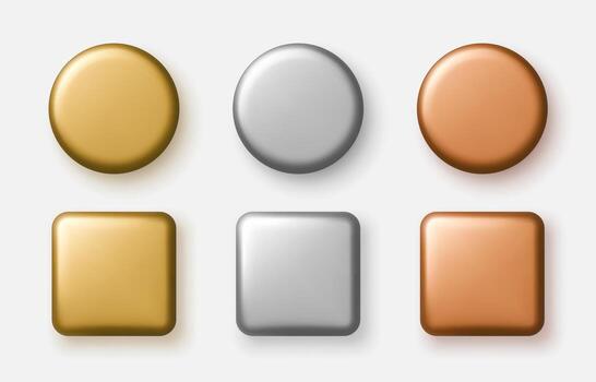 Set of gold, silver and bronze buttons in round and square shapes for interface or infographics. illustration. vector